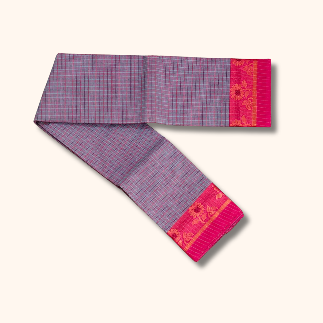 Reddish Grey Checked Thread Work Zari Chettinad Cotton Saree