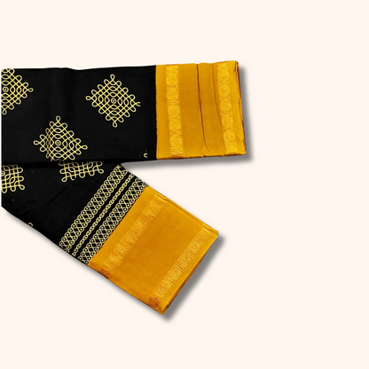 Black Kolam Cotton Saree with Mustard Yellow Border – Running Blouse