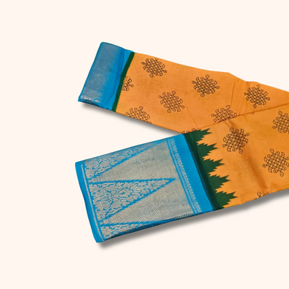 Mustard Yellow Kolam Cotton Saree with Sky Blue Temple Zari Border