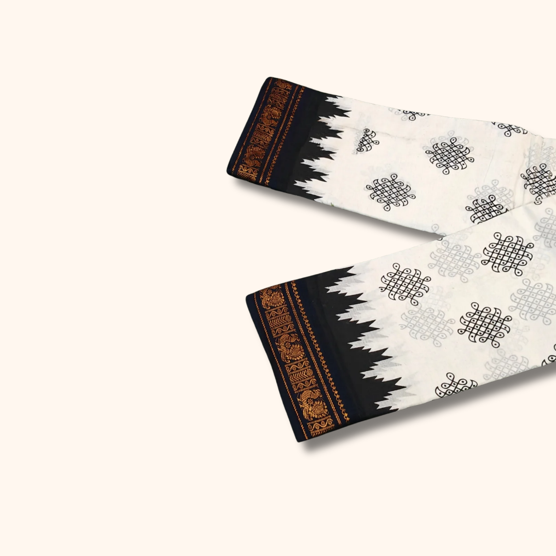 White & Black Kolam Temple Border Sungudi Cotton Saree
