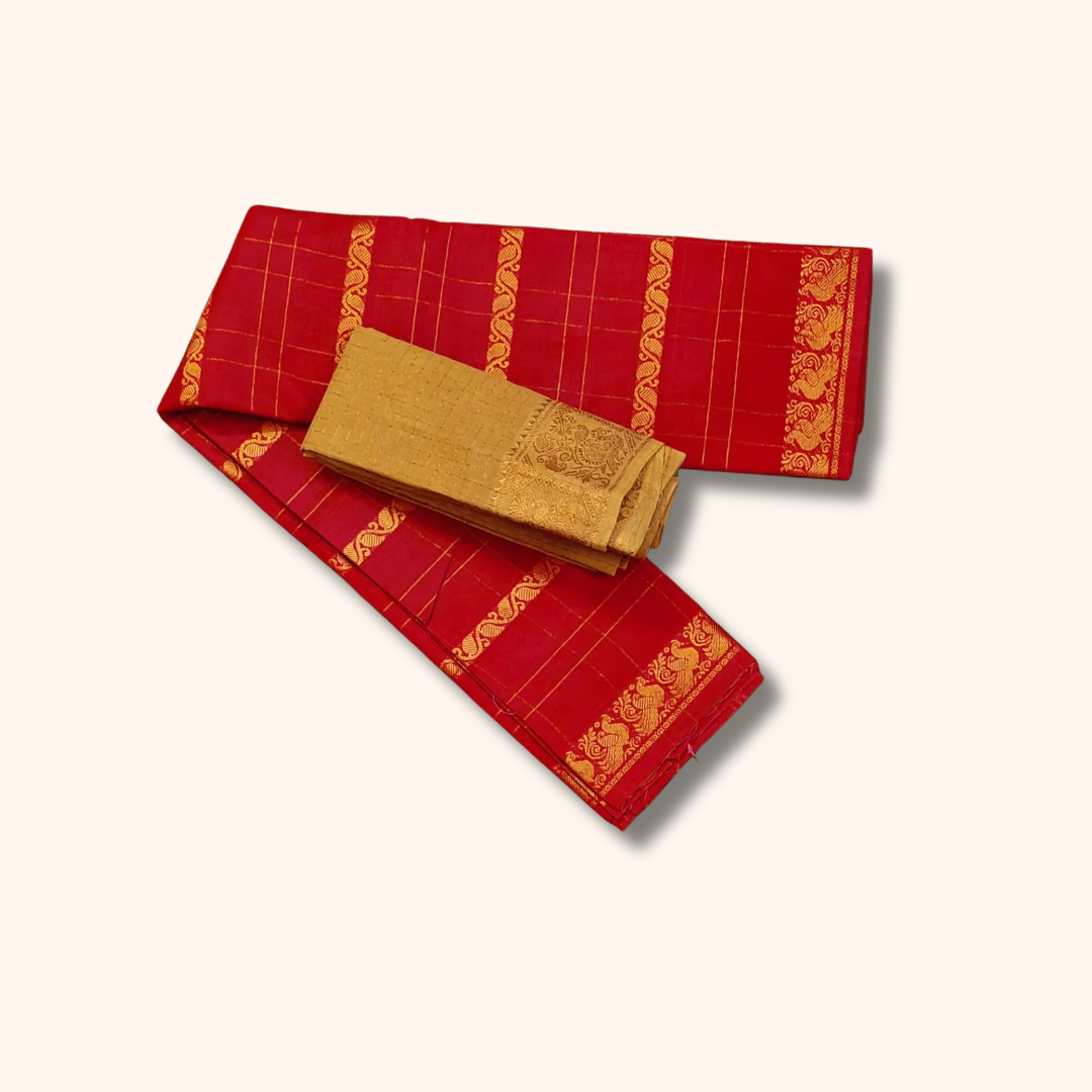 Tomato Red Cotton Saree with Gold Zari Checks & Peacock Border – Separate Blouse