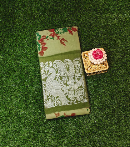 Olive Green Floral Cotton Saree with Peacock Zari Border