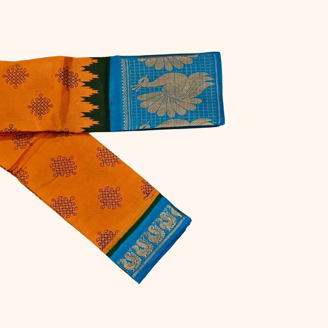 Orange Kolam Sungudi Cotton Saree with Peacock Border