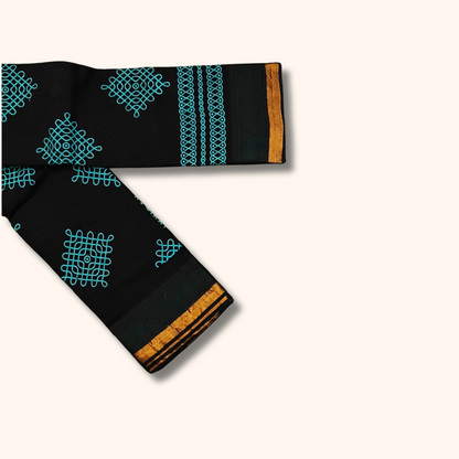 Black Kolam Print Cotton Saree with Dark Green Border