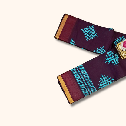 Deep Maroon Sungudi Cotton Saree with Teal Kolam Design & Zari Border