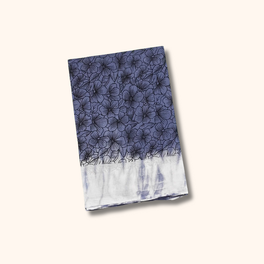 Blue Floral Printed Pure Cotton Saree with White Border