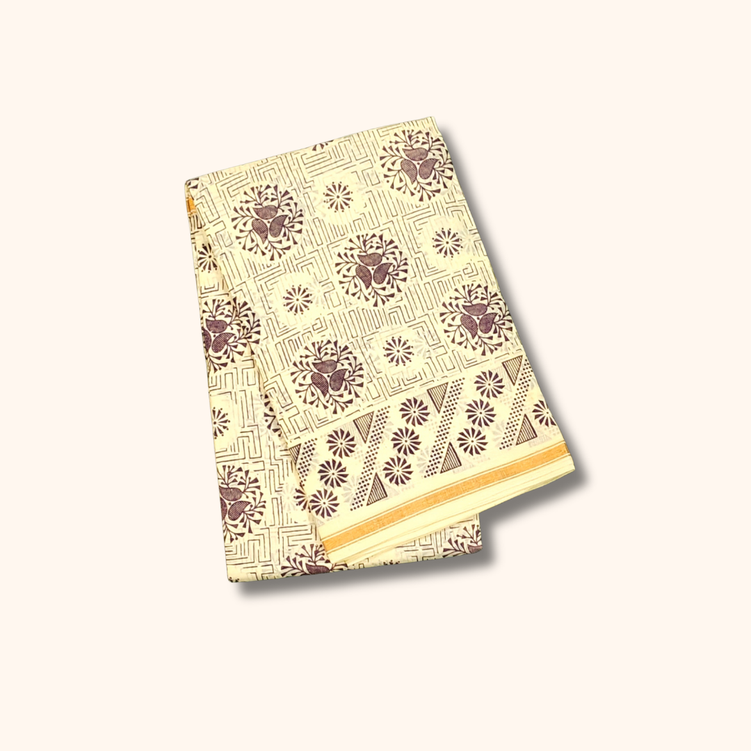 120s Count Vayal Cotton Saree in Off White with Brown Geometric Floral Print
