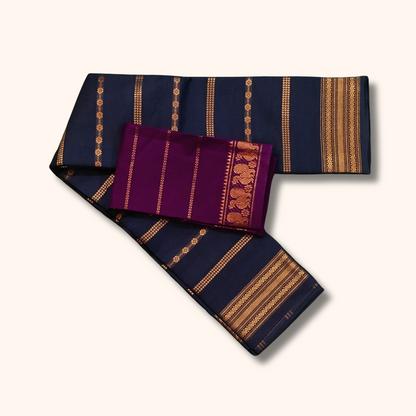 Navy Blue Cotton Sungudi Saree with Magenta Contrast Blouse – Traditional Cotton Saree