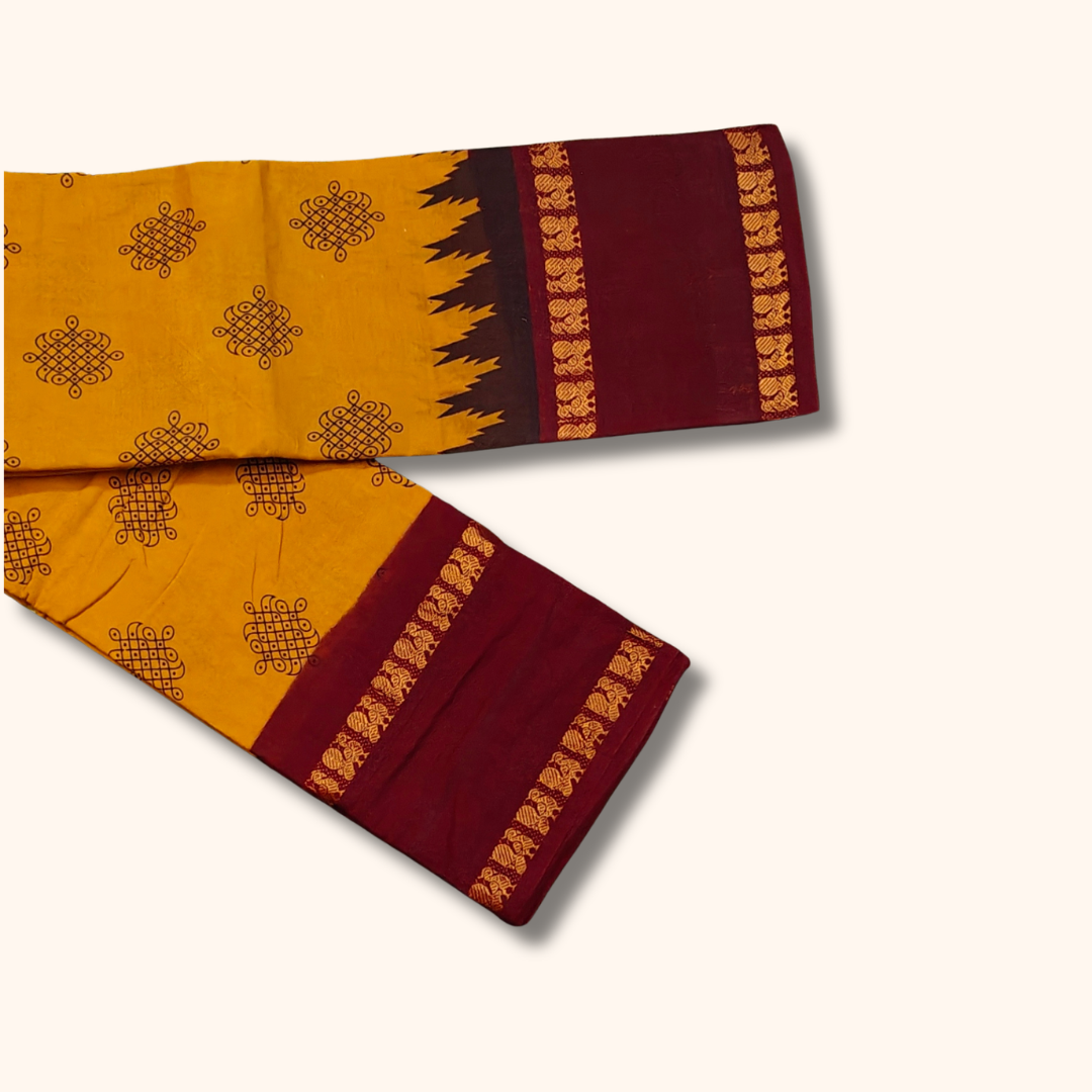 Mustard Yellow Sungudi Cotton Saree with Maroon Peacock Border – Running Blouse