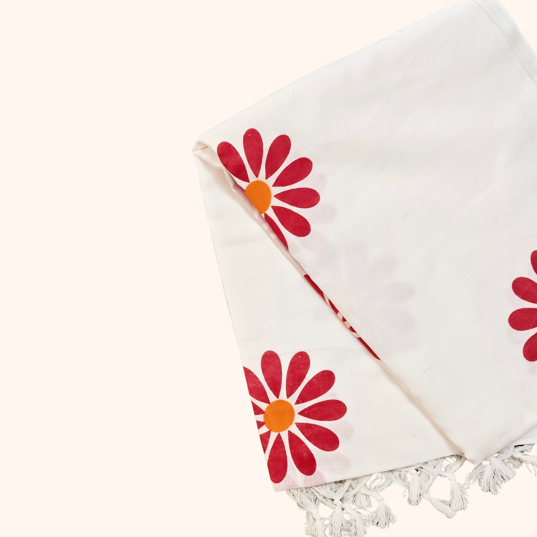 Mulmul Cotton Saree in Elegant White with Daisy Floral Print & Tassel Pallu