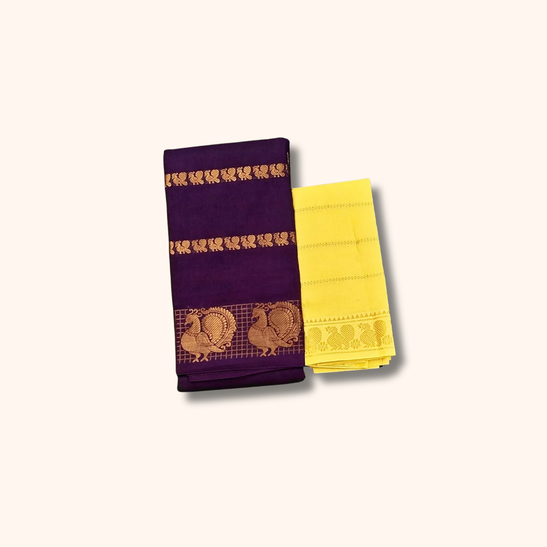 Deep Purple Cotton Saree with Golden Peacock Border & Yellow Blouse