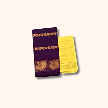 Deep Purple Cotton Saree with Golden Peacock Border & Yellow Blouse