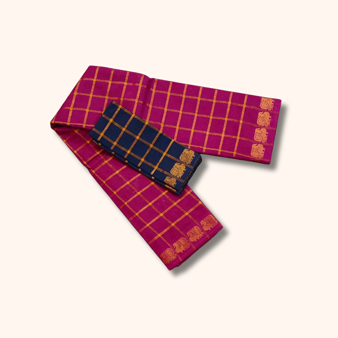 Magenta Pink with Gold Checks & Peacock Zari Border Pavithra Kattam Sungudi Cotton Saree