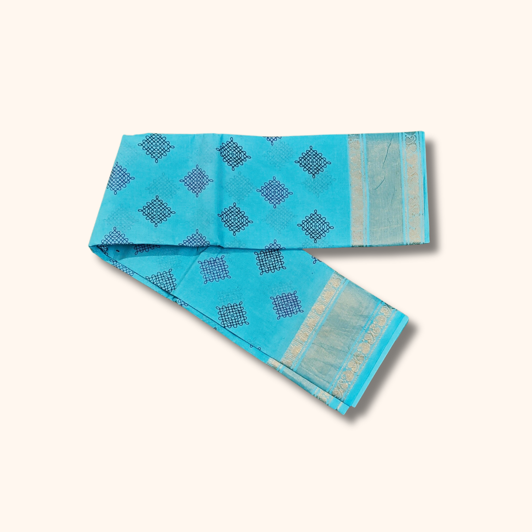 Sky Blue Sungudi Cotton Saree with Kolam Print & Gold Zari Border