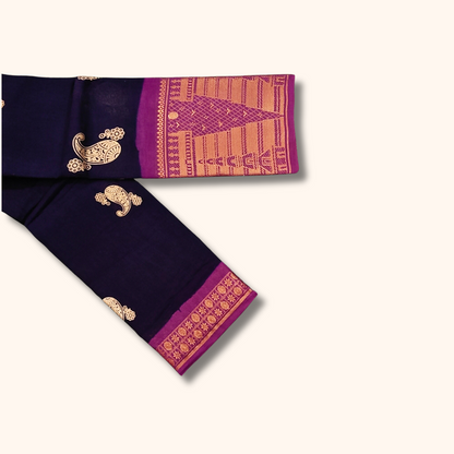 Navy Blue Paisley Sungudi Cotton Saree with Magenta Temple Border