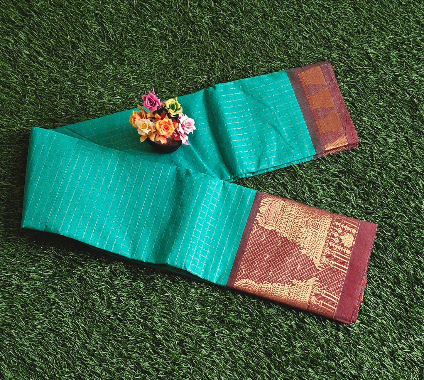 Chettinad Cotton Saree with Meenakshi Gopuram Border – Peacock Green Checks