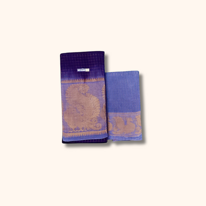 Royal Blue Checked Sungudi Cotton Saree with Gold Zari Border – Separate Blouse Piece