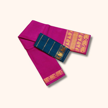 Rani Pink Pure Cotton Saree with Teal Blue Contrast Blouse