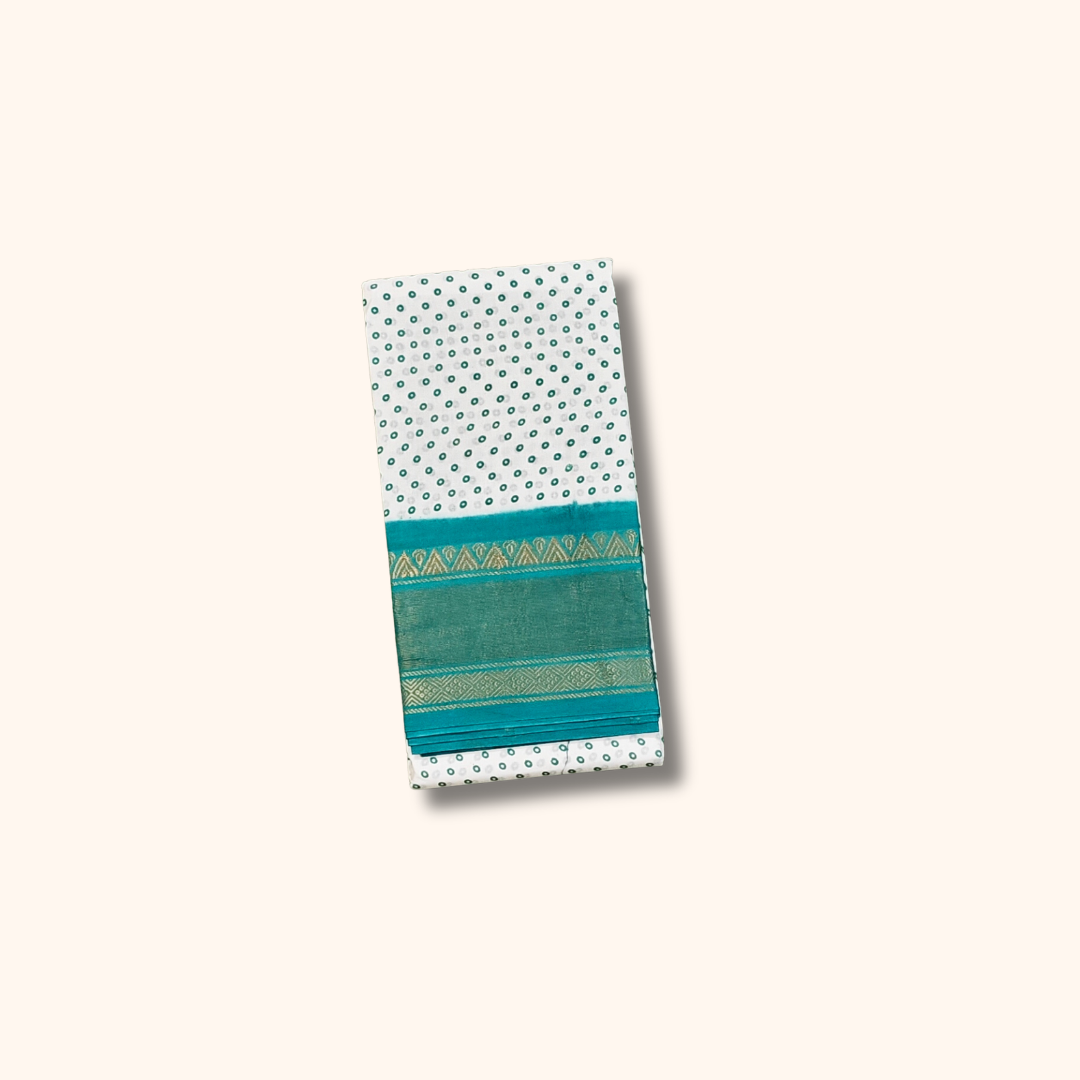White & Teal Green Sungudi Cotton Saree with Small Dot Pattern & Zari Border