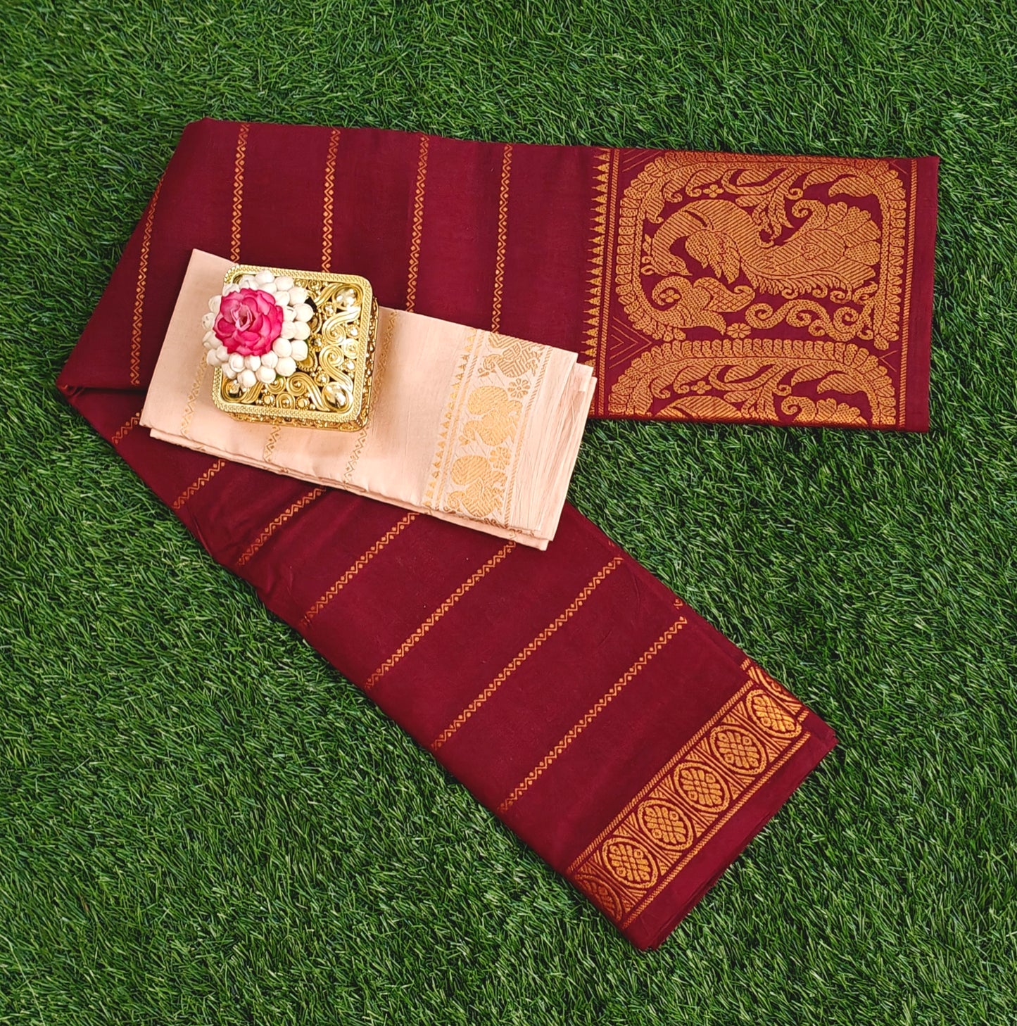 Beautiful Wine Maroon South Indian Cotton Saree with Contrast Blouse