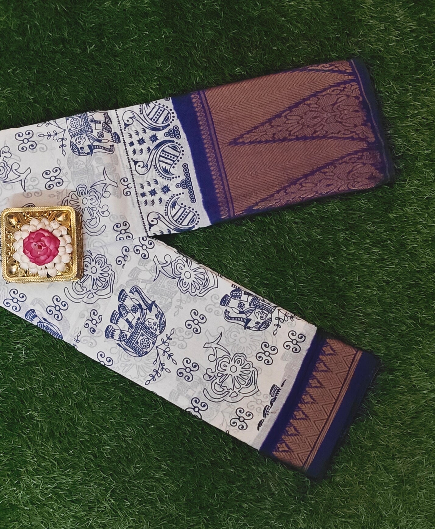 Beautiful Blue Motif Printed Cotton Saree with Contrast Border