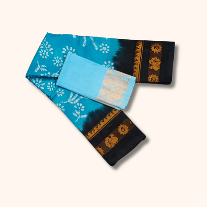 Sky Blue Batik Sungudi Cotton Saree with Black Contrast Border