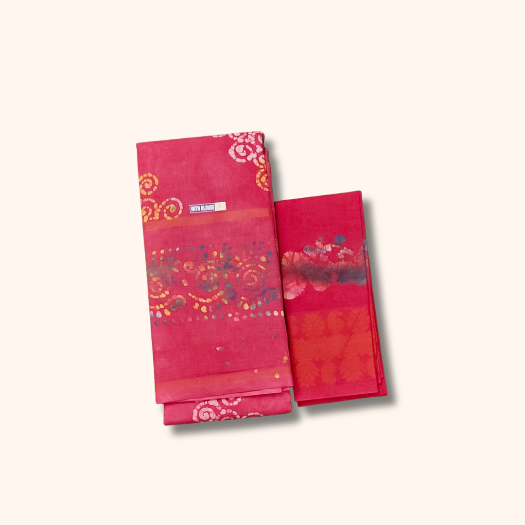 Rani Pink Sungudi Cotton Saree with Multicolor Batik Floral Border & Contrast Pallu