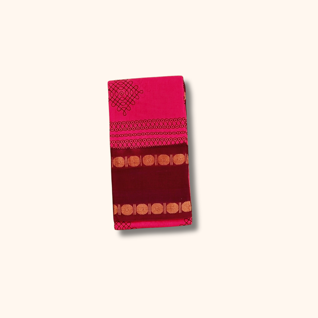 Rani Pink Kolam Cotton Saree with Maroon Zari Border – Running Blouse