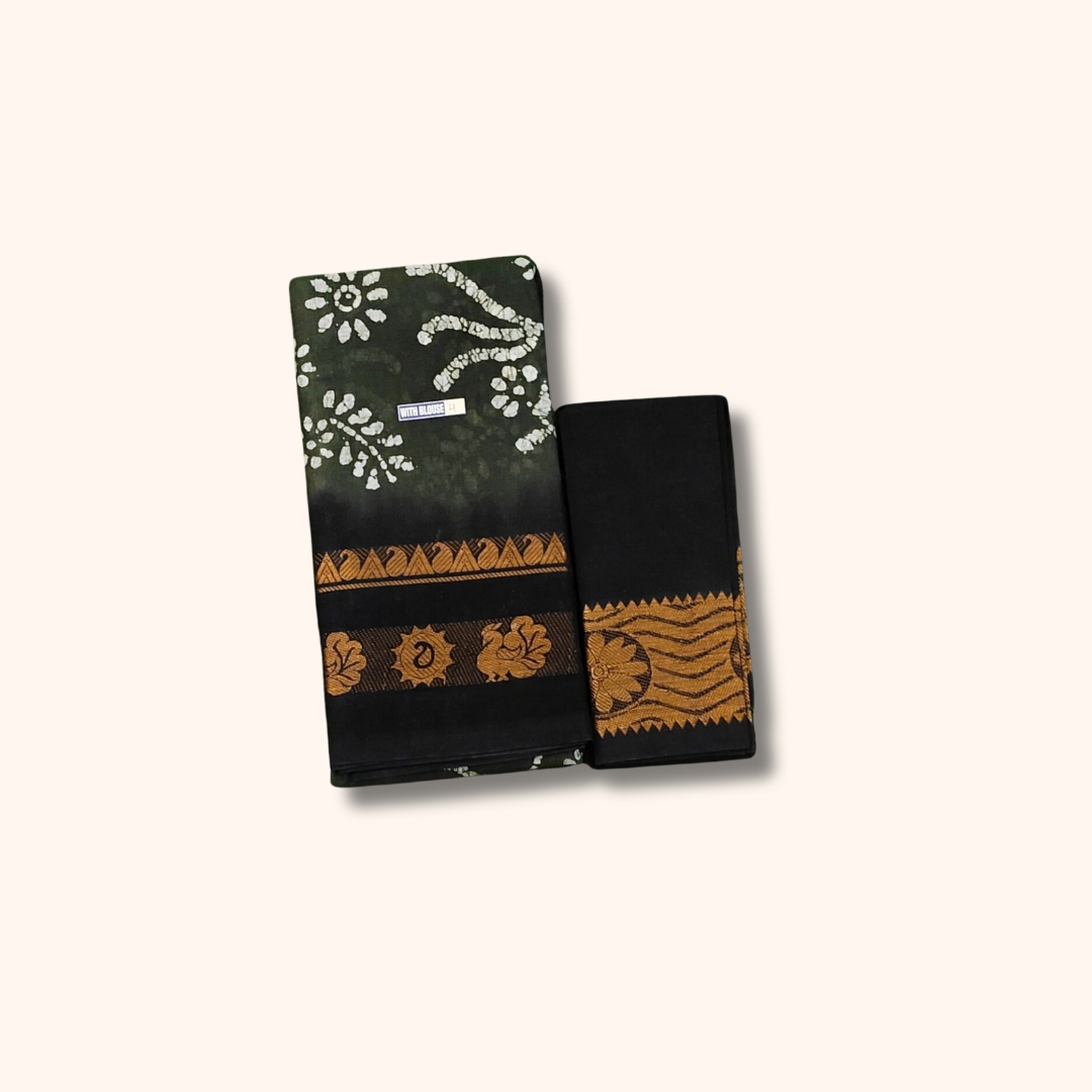 Black & Dark Green Printed Saree with White Floral Motifs - Separate Blouse