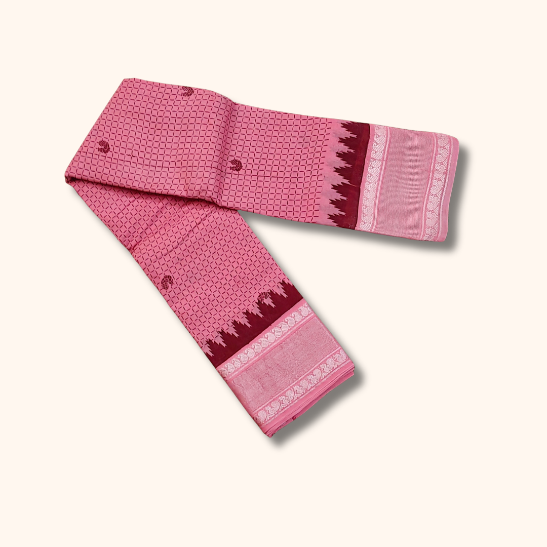 Baby Pink Sungudi Cotton Saree with Silver Zari Temple Border