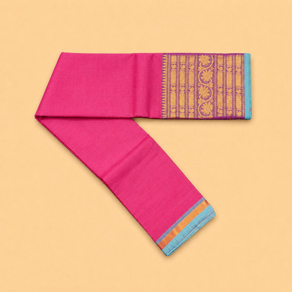 Rani Pink Chettinad Cotton Saree with Purple Zari Border
