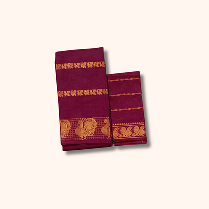 Dark Maroon Cotton Saree with Gold Zari Stripes & Peacock Border – Separate Blouse Piece