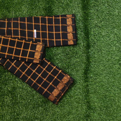 Black Pavithra Kattam Cotton Saree with Gold Elephant Border