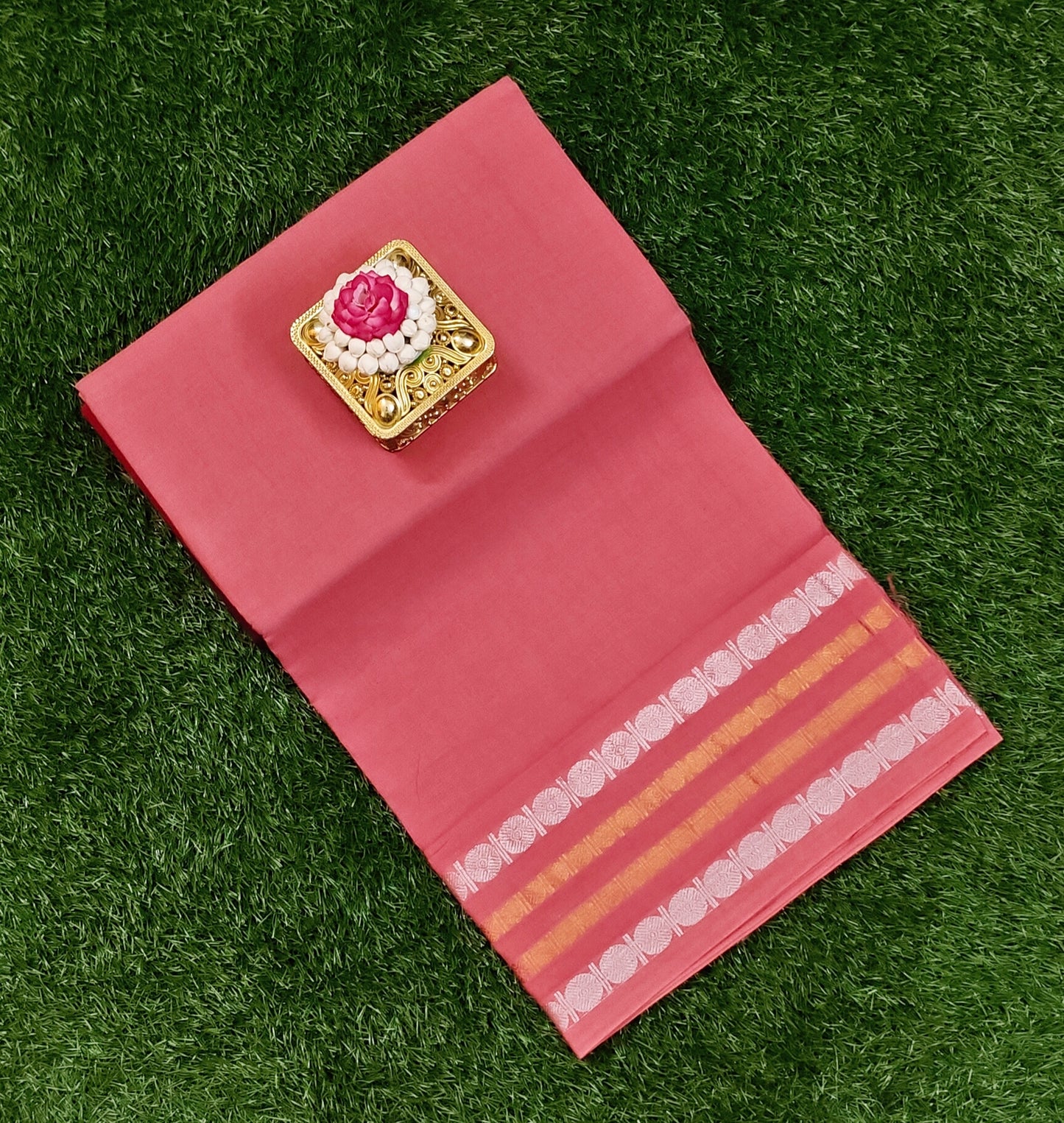 Rose Pink Sungudi Cotton Saree with Silver & Gold Striped Border
