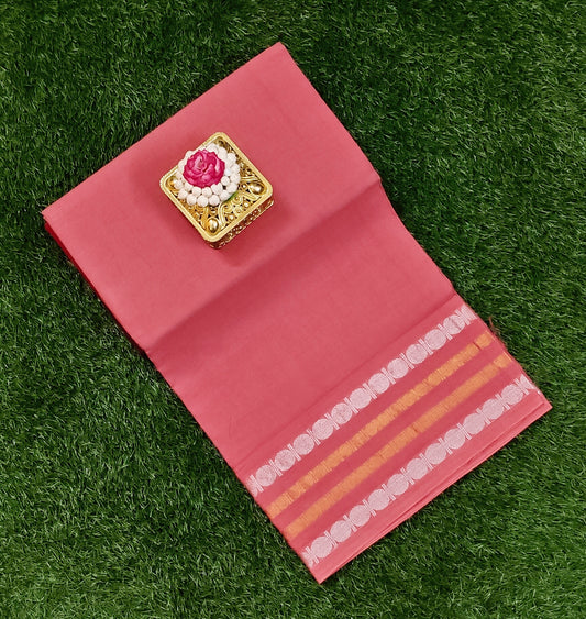 Rose Pink Sungudi Cotton Saree with Silver & Gold Striped Border