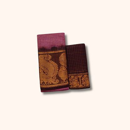 Wine & Dark Brown Pure Sungudi Cotton Saree with Traditional Zari Pallu