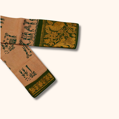Light Pink Cotton Saree with Green Designer Border and Gold Woven Pallu