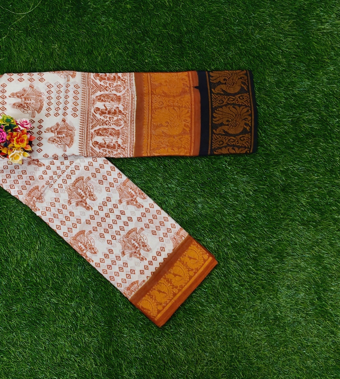 Off White Cotton Saree with Double Zari Border & Traditional Printed Design