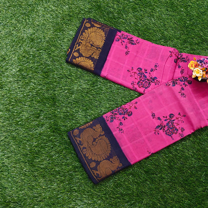 Pink Floral Printed Saree with Navy Blue Peacock Border