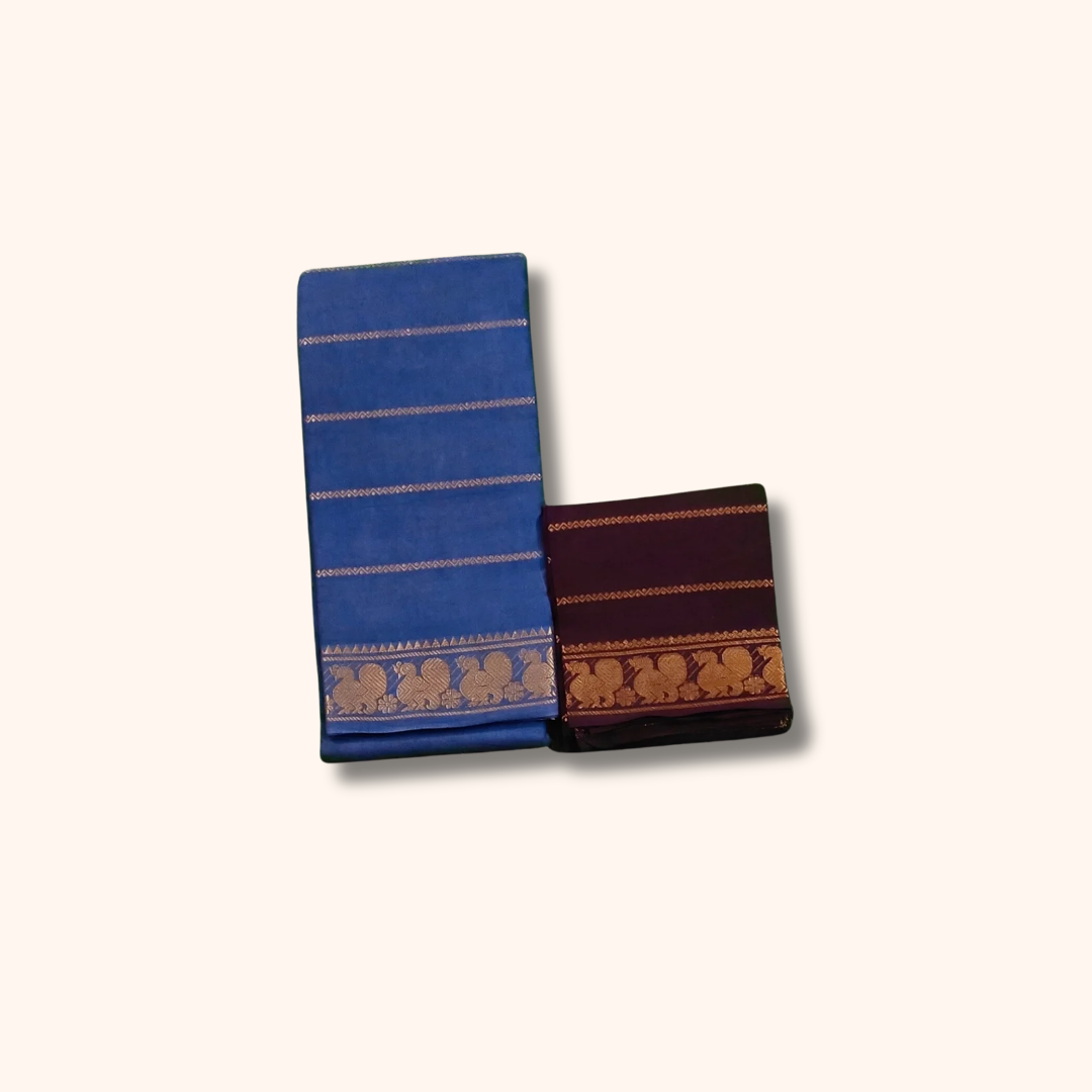 Royal Blue Sungudi Cotton Saree with Gold Zari Peacock Border & Coffee Brown Separate Blouse