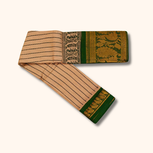 Cream Sungudi Cotton Saree with Green Contrast Zari Border