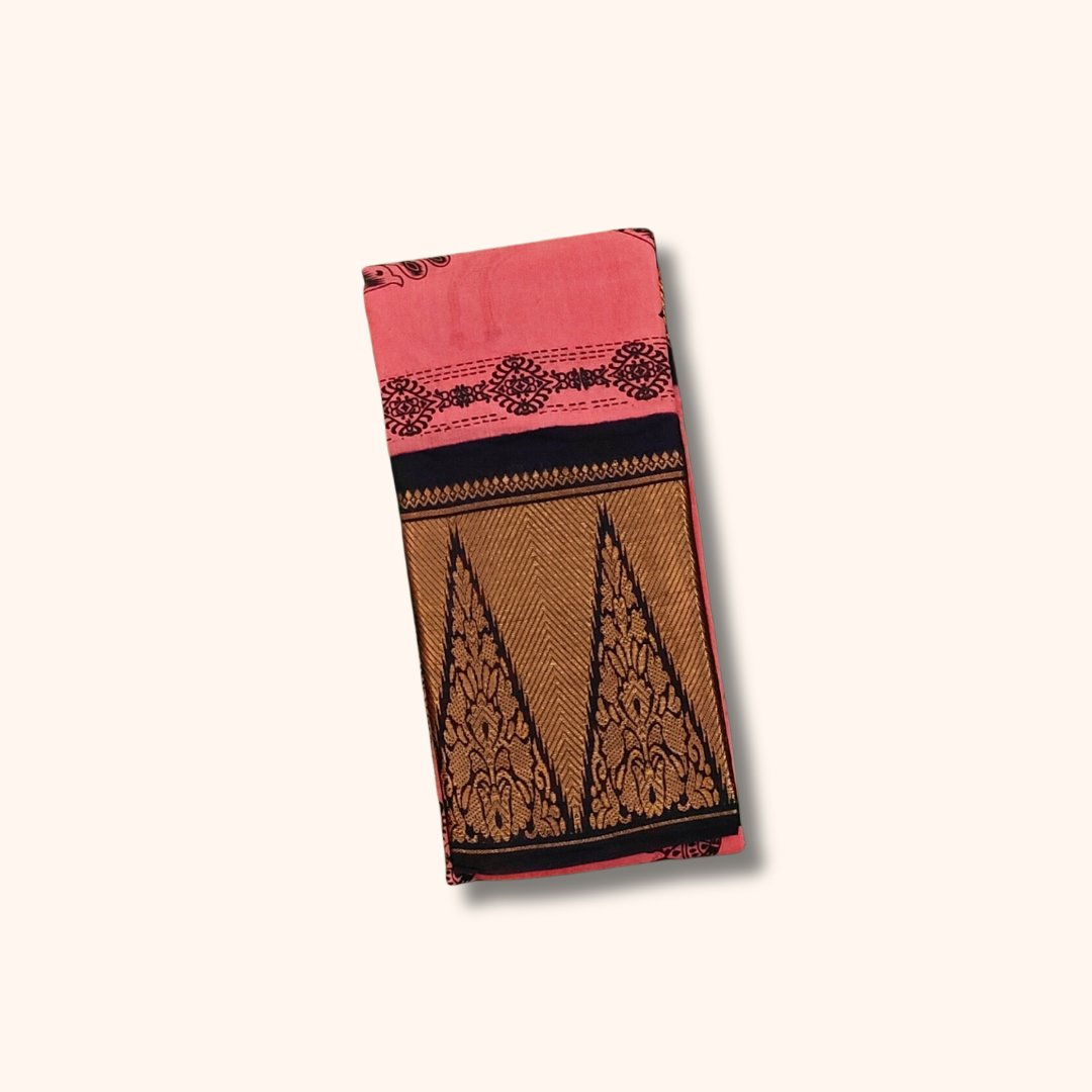 Coral Pink Peacock Print Sungudi Cotton Saree with Temple Border