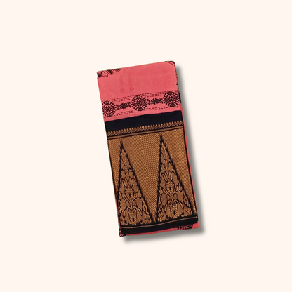 Coral Pink Peacock Print Sungudi Cotton Saree with Temple Border