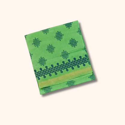 Parrot Green Kolam Print with Gold Zari Border
