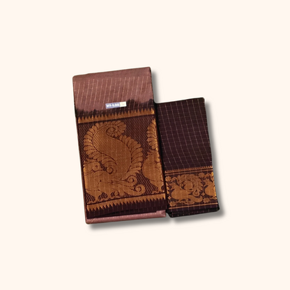 Brown Checked Sungudi Cotton Saree with Peacock Zari Border