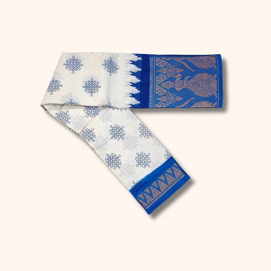 White Kolam Print Cotton Saree with Royal Blue Dancing Girl Border