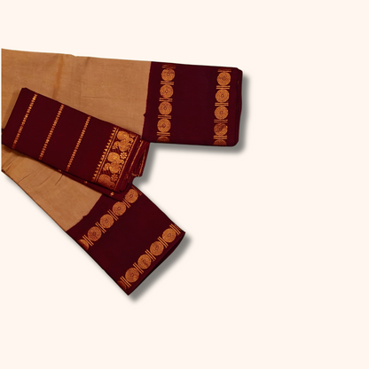 Beige & Maroon Cotton Saree with Gold Zari Circular Motifs & Border – Separate Blouse
