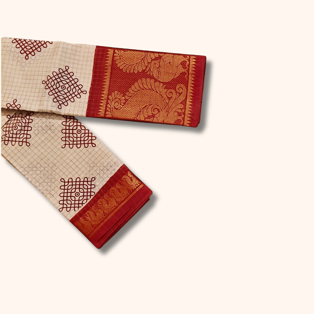 Off-White Checked Kolam Design Saree with rust orange & Golden Zari Border – No Blouse