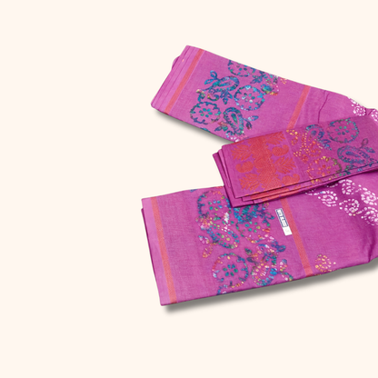Purple Sungudi Cotton Saree with Multicolor Batik Paisley Design & Matching Blouse Piece