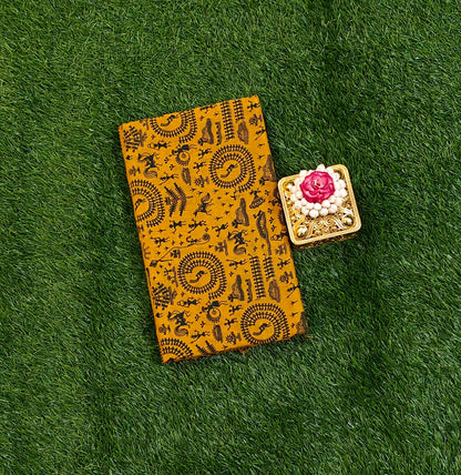 Mustard Yellow Tribal Print Sungudi Cotton Saree with Warli Border